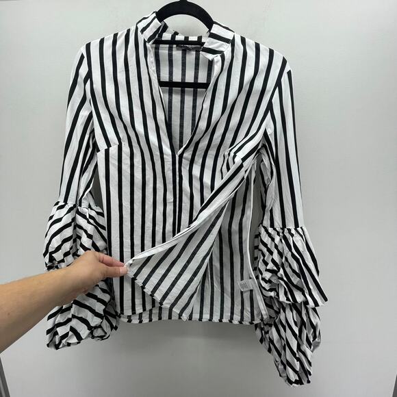 Greysn Black White Stripe Side Zipper Puff Balloon‎ Sleeve Blouse - Picture 6 of 8